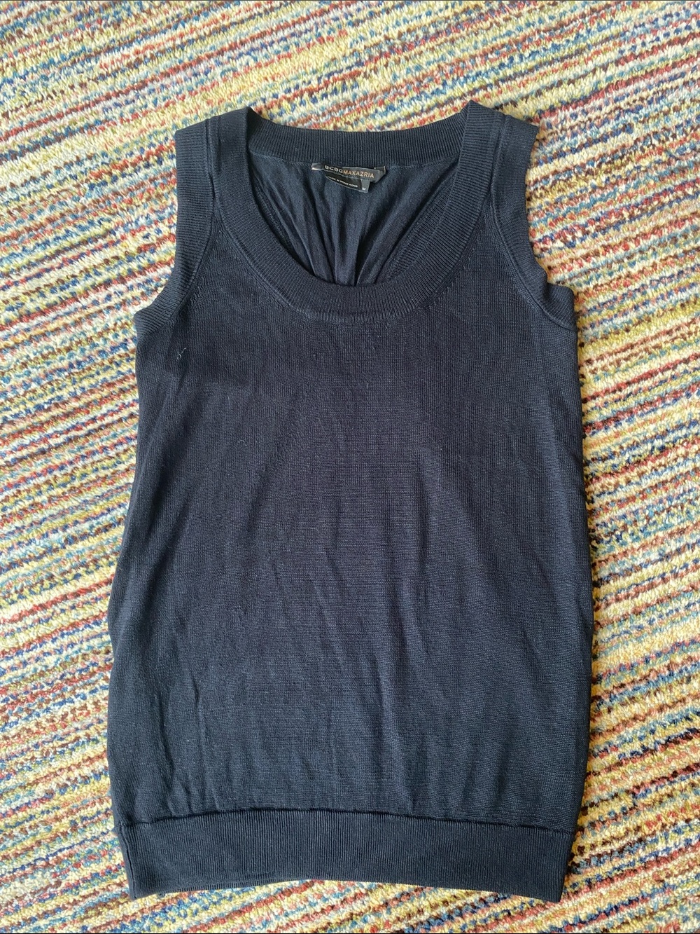 BCBGMaxAzria Black Ribbed Sleeveless Knit Tank with Draped Back